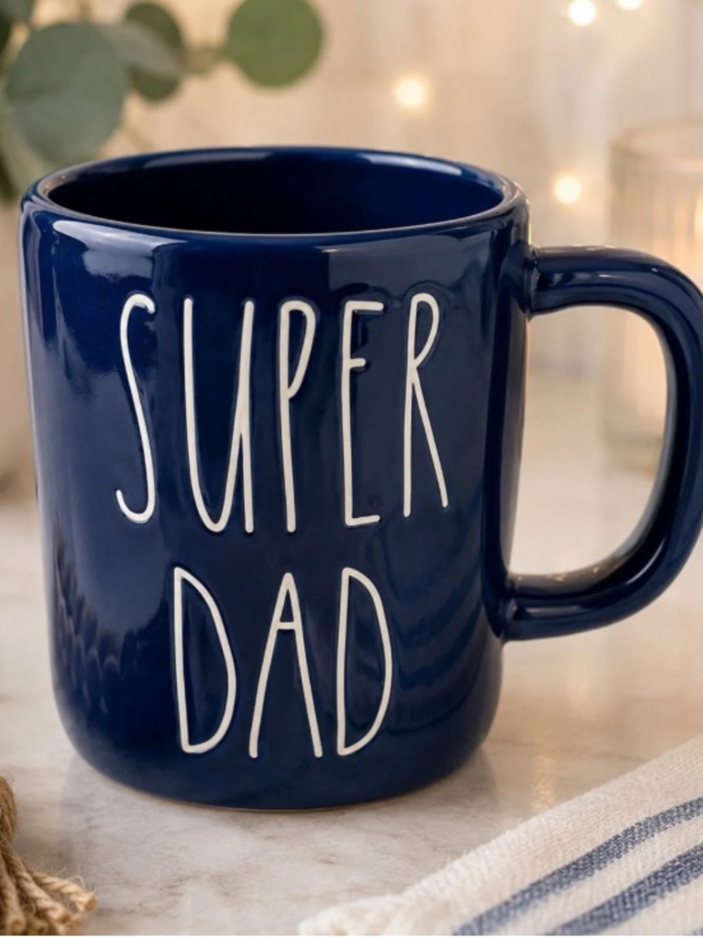 Rae Dunn SUPER DAD Navy Blue Ceramic Mug Birthday Day Gift NWT